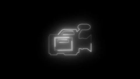 Neon glowing white video camera icon animation in black background Video stock 265841305