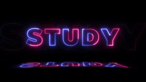 Neon glowing word 'STUDY' on a black background with reflections on a floor Stock Footage 192841973