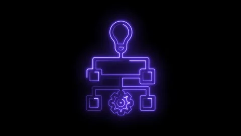 Neon glowing workflow chart with lightbulb and cogwheel on black background Stock Footage 322961027