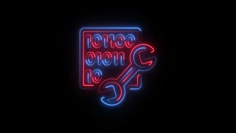 Neon glowing wrench icon with binary code on black background Stock Footage 345548976