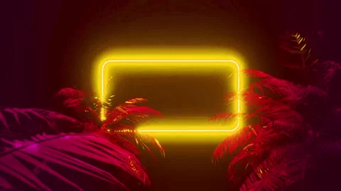 Neon Glowing Yellow Frame Tunnel In The Tropical Forest Animation. Stock Footage 206058761