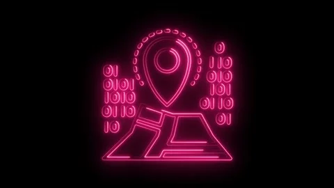 Neon gps map pin with binary code glowing on black background animation Stock Footage 315958733