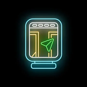 Neon gps navigation showing destination on dark background Stock Illustration