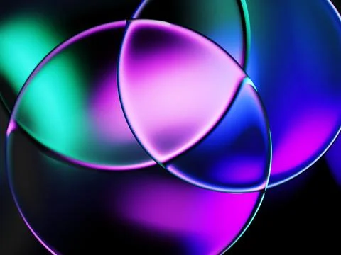 Neon gradient blur dark 3d background with overlapping glass circle frames Stockillustratie