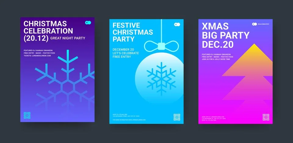 Neon Gradient Christmas Flyer Vector Template Set  For Holiday Party Events Stock Illustration