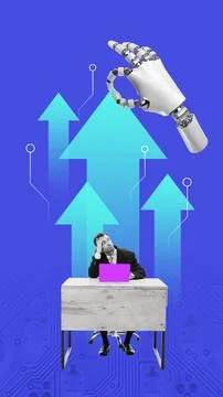 Neon gradient collage. 3D robot hand helps confused businessman at desk Foto stock