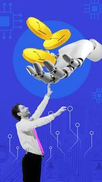 Neon gradient collage. 3D robot hand giving coins to joyful businessman reaching Stock Photos