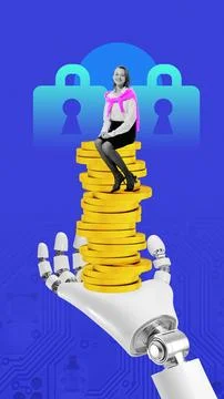 Neon gradient collage. 3D robot hand lifting smiling woman sitting on coin stack Fotos de archivo