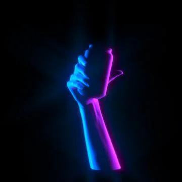 Neon gradient hand gesture holding can isolated on black backgrounds, display Stock Illustration