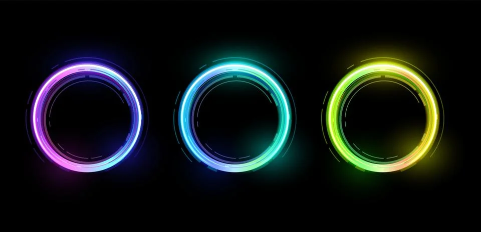 Neon gradient line circle frame, glowing round border colorful vector set Stock Illustration
