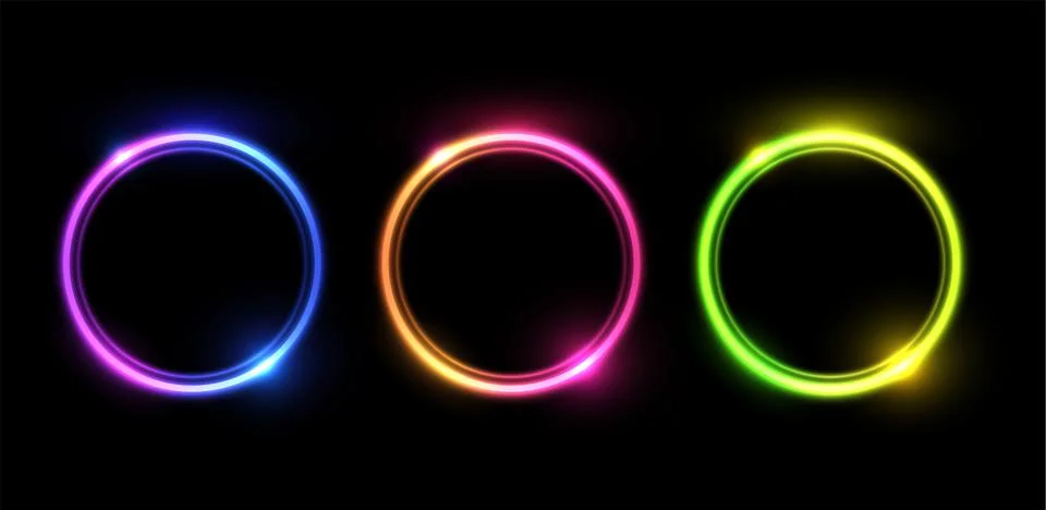 Neon gradient line circle frames vector set, glow round border colorful Illustrazione stock