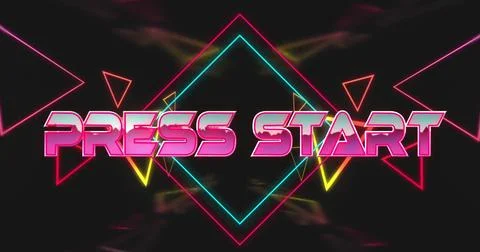 Neon-gradient PRESS START text glowing on arcade interface, with diamond frame, Foto stock