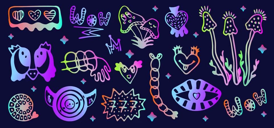 Neon gradient psychedelic doodle set Stock Illustration