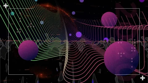 Neon gradient waveforms flowing in 3D render, floating purple spheres displaying Stock Footage 308658866