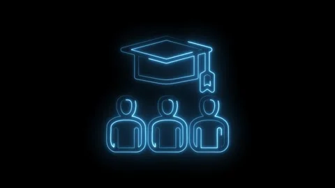 Neon graduation cap above three abstract figures representing students learning Stock Footage 333951680