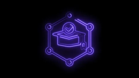 Neon graduation cap with check mark and certificate in blockchain network Vídeo Stock 330784690