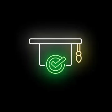 Neon graduation cap with checkmark achieving success Stock Illustration