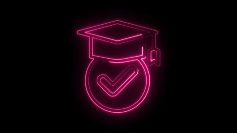 Neon graduation cap icon with check mark approval for education success on .. Stock Footage 346007543