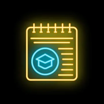 Neon graduation cap icon on notepad representing online education Stock Illustration