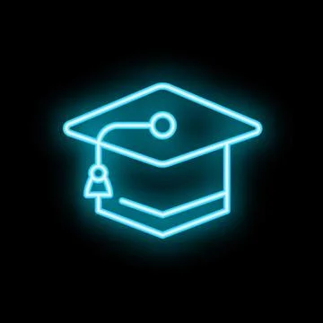 Neon graduation cap shining on black background Stock Illustration