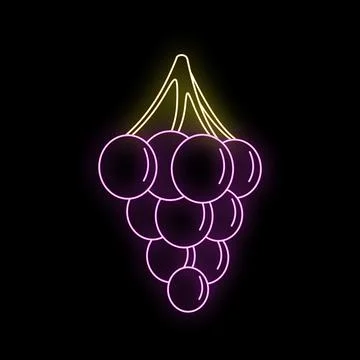 Neon grape cluster glowing on black background Stock Illustration