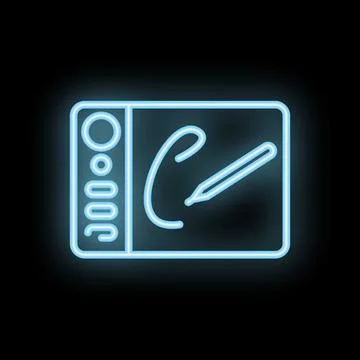 Neon graphic tablet drawing tool icon glowing on black background Stock Illustration