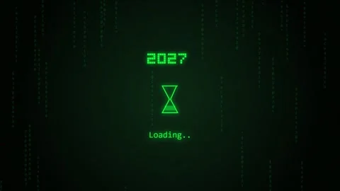 Neon green 2027 loading text with sand hourglass animation over matrix bina.. 스톡 동영상 346452754