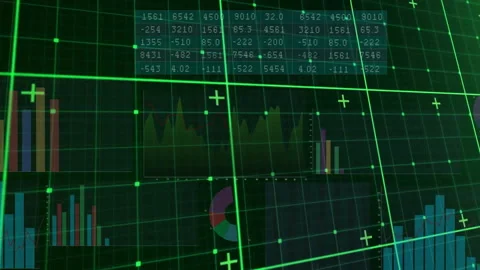 Neon green 3D grid overlay glowing across dark dashboard, featuring floating Stock Footage 309286562