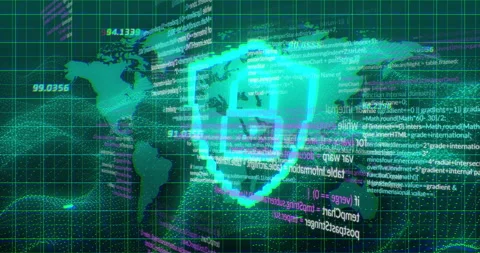 Neon green 3D map opening with streaming turquoise magenta code, pulsing shield Stock Footage 311550612