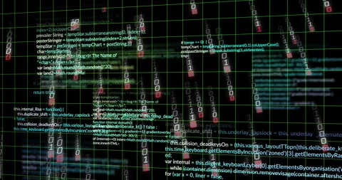 Neon-green 3D wire grid revealing, causing falling digits and scrolling code, 库存影片 328656437