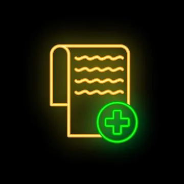 Neon green add button on document icon on black background Stock Illustration
