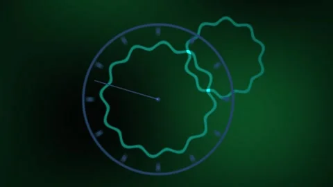 Neon green and blue clock with gears on dark background. Stock Footage 335534424
