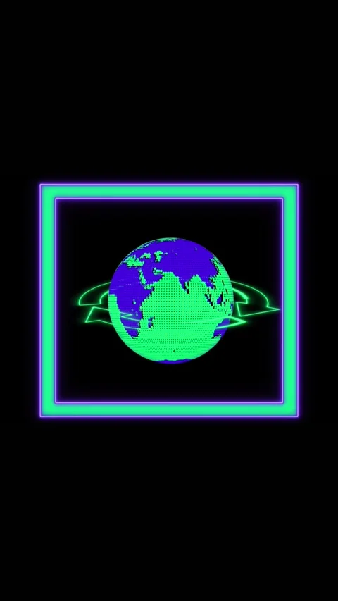 Neon Green and Purple Square Frame Surrounding a Dotted Globe with Swirling.. Stock Footage 344730882