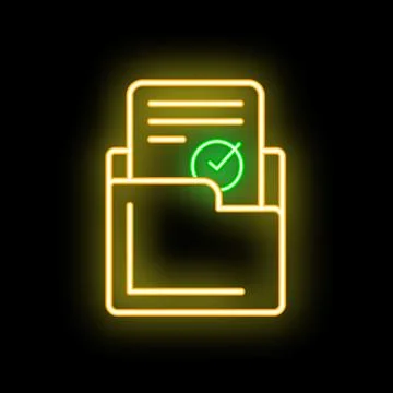 Neon green approved document icon with folder on black background Stock Illustration