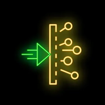 Neon green arrow entering data network through firewall Illustrazione stock