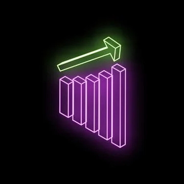 Neon green arrow increasing over purple bars chart on black background Ilustração Stock