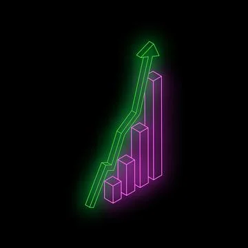 Neon green arrow increasing over growing purple bars chart on black backgroun Ilustração Stock