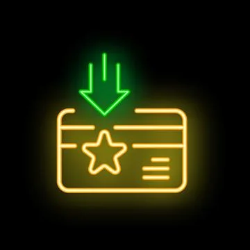 Neon green arrow pointing down at neon yellow loyalty card on black backgroun Stock Illustration