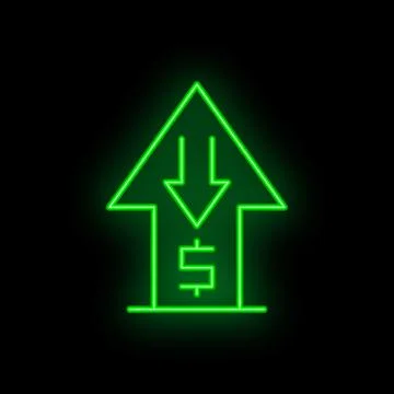 Neon green arrow pointing down with dollar sign inside on black background Stock Illustration