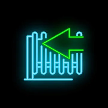 Neon green arrow pointing left through blue neon gate on black background Stock Illustration