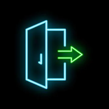 Neon green arrow pointing to open door on black background Stock Illustration