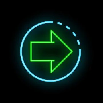 Neon green arrow pointing right inside blue circle on black background Stock Illustration