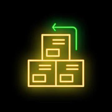Neon green arrow pointing at stack of boxes on black background Illustrazione stock