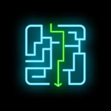 Neon green arrow solving blue labyrinth puzzle Stock Illustration