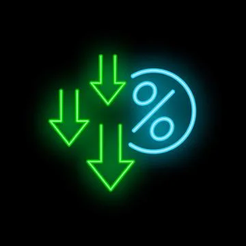 Neon green arrows pointing down at blue percentage sign on black background Stock Illustration