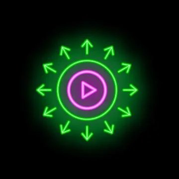 Neon green arrows pointing to glowing purple play button on black background Stock Illustration