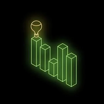 Neon green bar graph increasing with light bulb on top Illustrazione stock