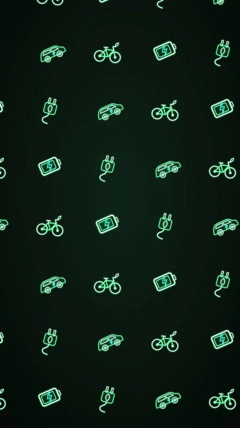Neon green on black seamless loop pattern of electric car, bicycle, charging Stock Footage 346184205
