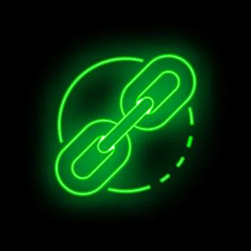 Neon green chain link icon glowing on dark background Ilustración de archivo