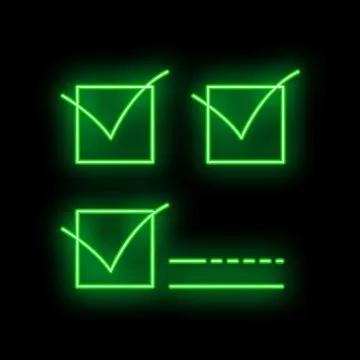 Neon green check mark boxes glowing on black background Stock Illustration